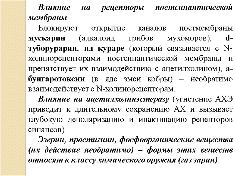 Влияние на рецепторы постсинаптической мембраны Блокируют открытие каналов постмембраны мускарин (алкалоид грибов мухоморов), d-туборурарин,